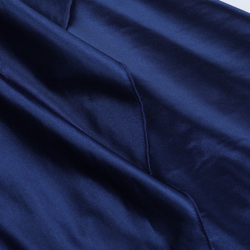 Satin slit ruffle halter self tie ruched midi dress