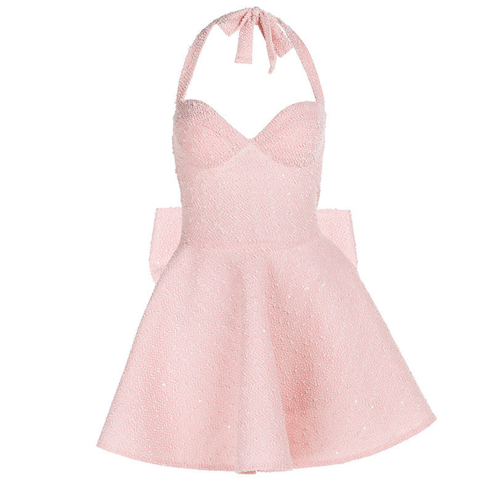 Self tie halter bowknot zip-up v neck mini dress