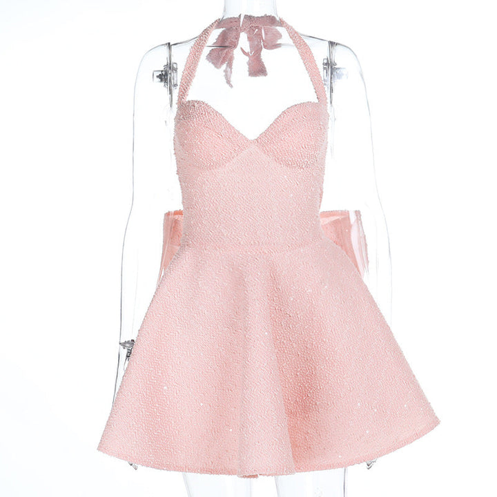 Self tie halter bowknot zip-up v neck mini dress