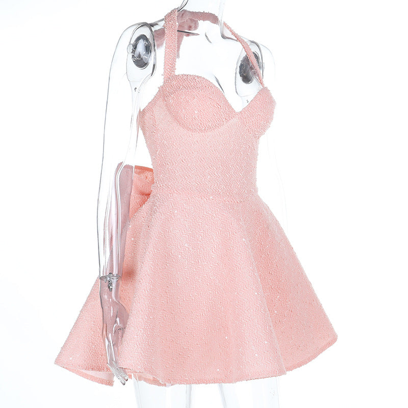 Self tie halter bowknot zip-up v neck mini dress