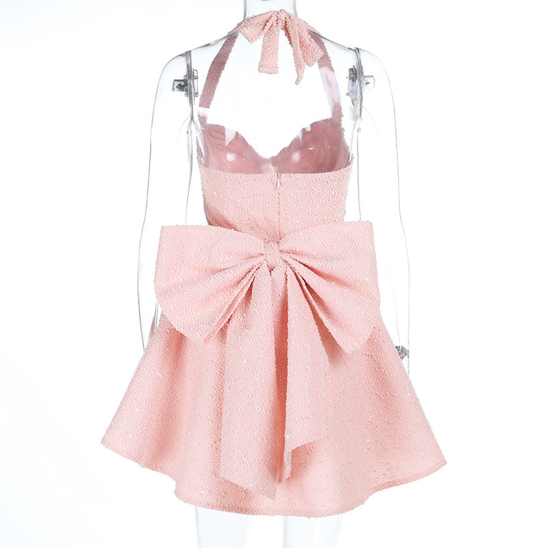 Self tie halter bowknot zip-up v neck mini dress