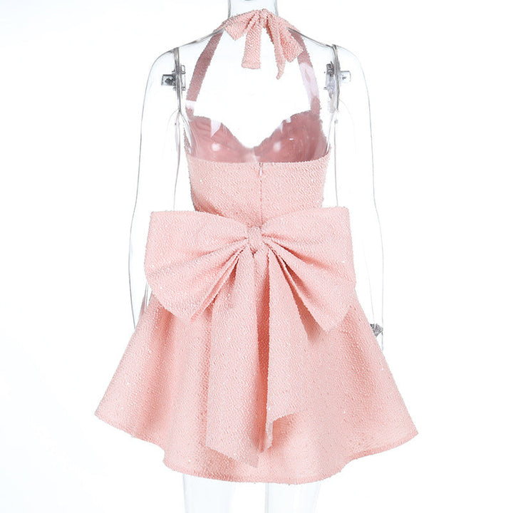 Self tie halter bowknot zip-up v neck mini dress