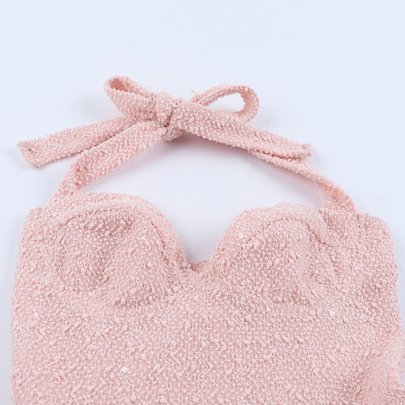 Self tie halter bowknot zip-up v neck mini dress