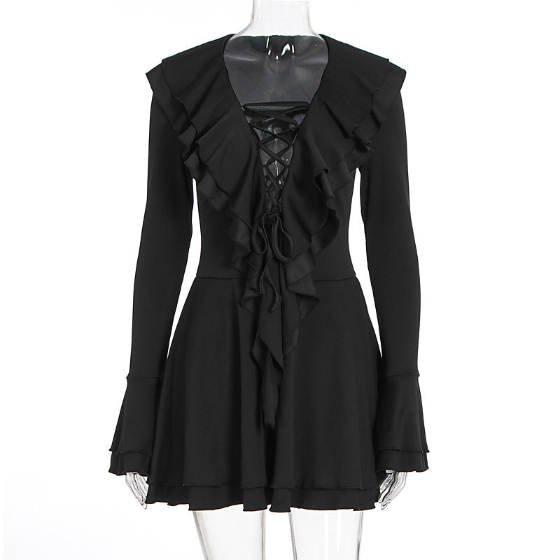 Long flared sleeve ruffle lace up solid mini dress