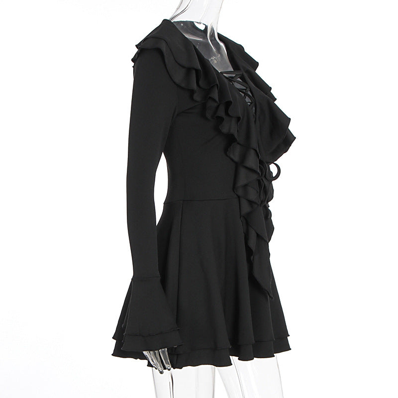 Long flared sleeve ruffle lace up solid mini dress