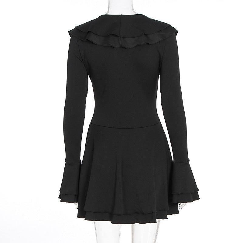 Long flared sleeve ruffle lace up solid mini dress