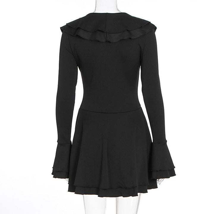Long flared sleeve ruffle lace up solid mini dress