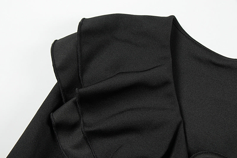 Long flared sleeve ruffle lace up solid mini dress