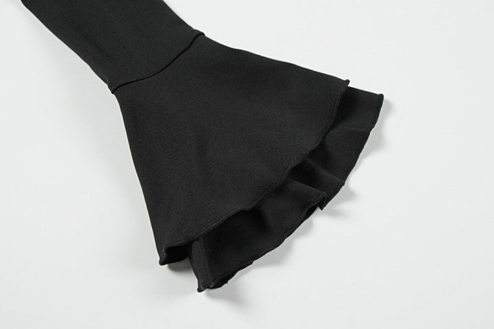 Long flared sleeve ruffle lace up solid mini dress