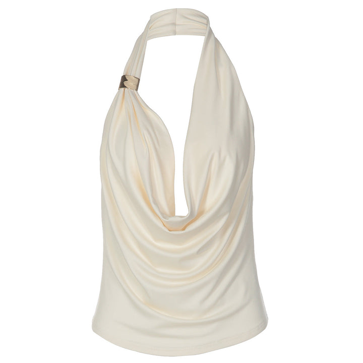 Cowl neck halter irregular solid backless top  | Festival Outfits Women