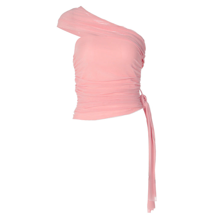Ruched one shoulder irregular mesh solid top