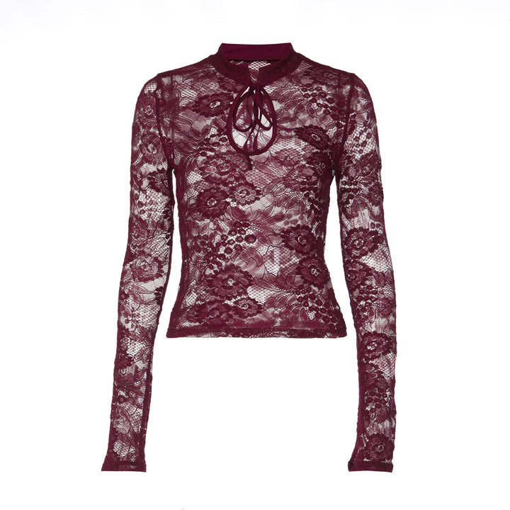 Long sleeve lace hollow out self tie see through top