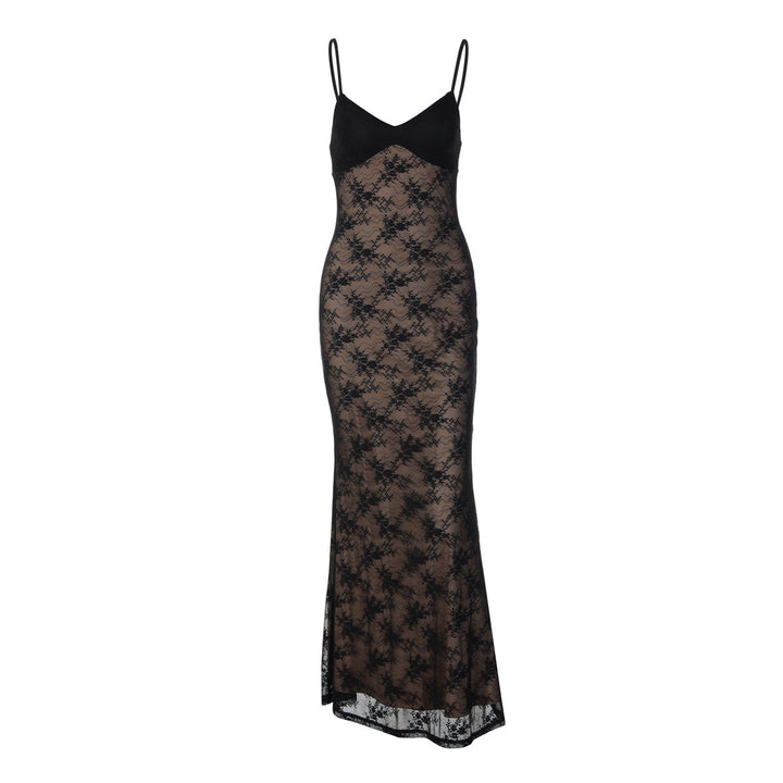 V neck lace backless cami maxi dress