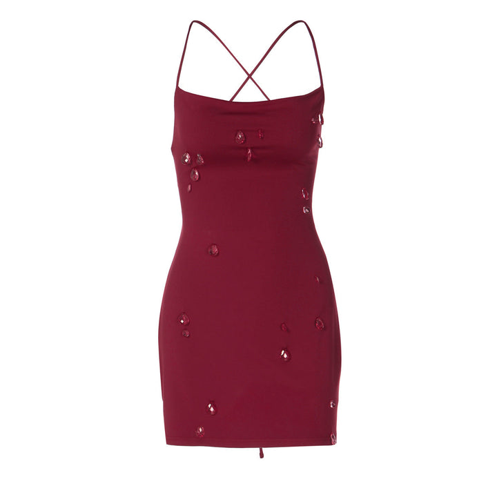 Cross back self tie water droplet applique mini dress