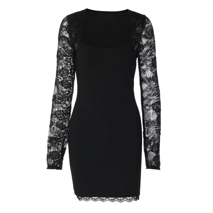 Lace long sleeve square neck solid mini dress