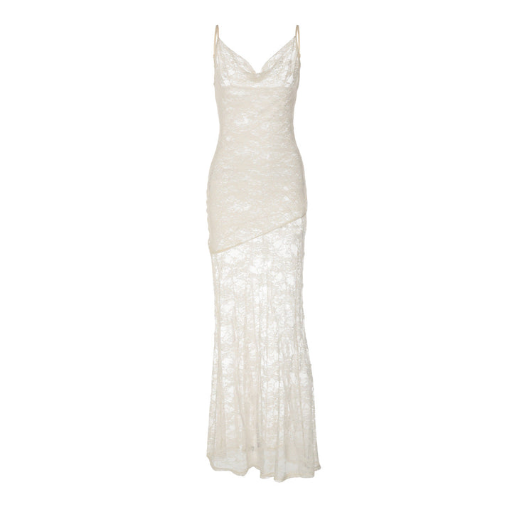 Cowl neck lace backless solid cami maxi dress