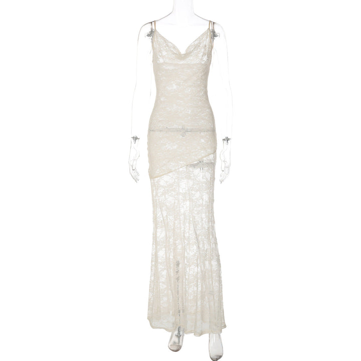 Cowl neck lace backless solid cami maxi dress