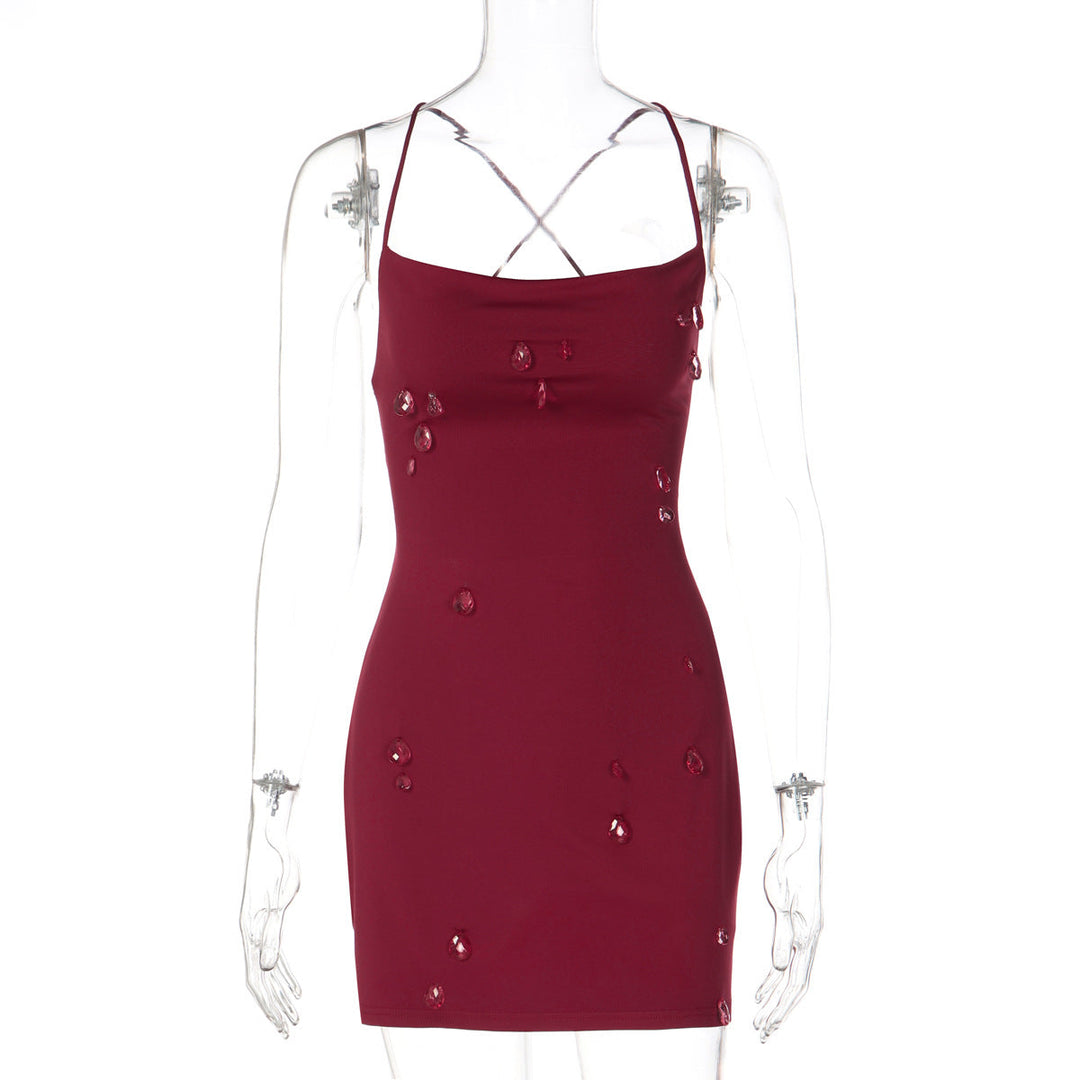 Cross back self tie water droplet applique mini dress