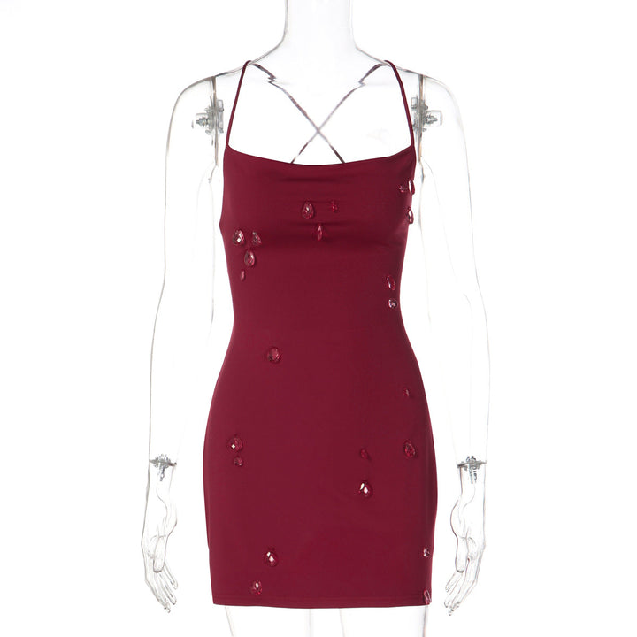 Cross back self tie water droplet applique mini dress