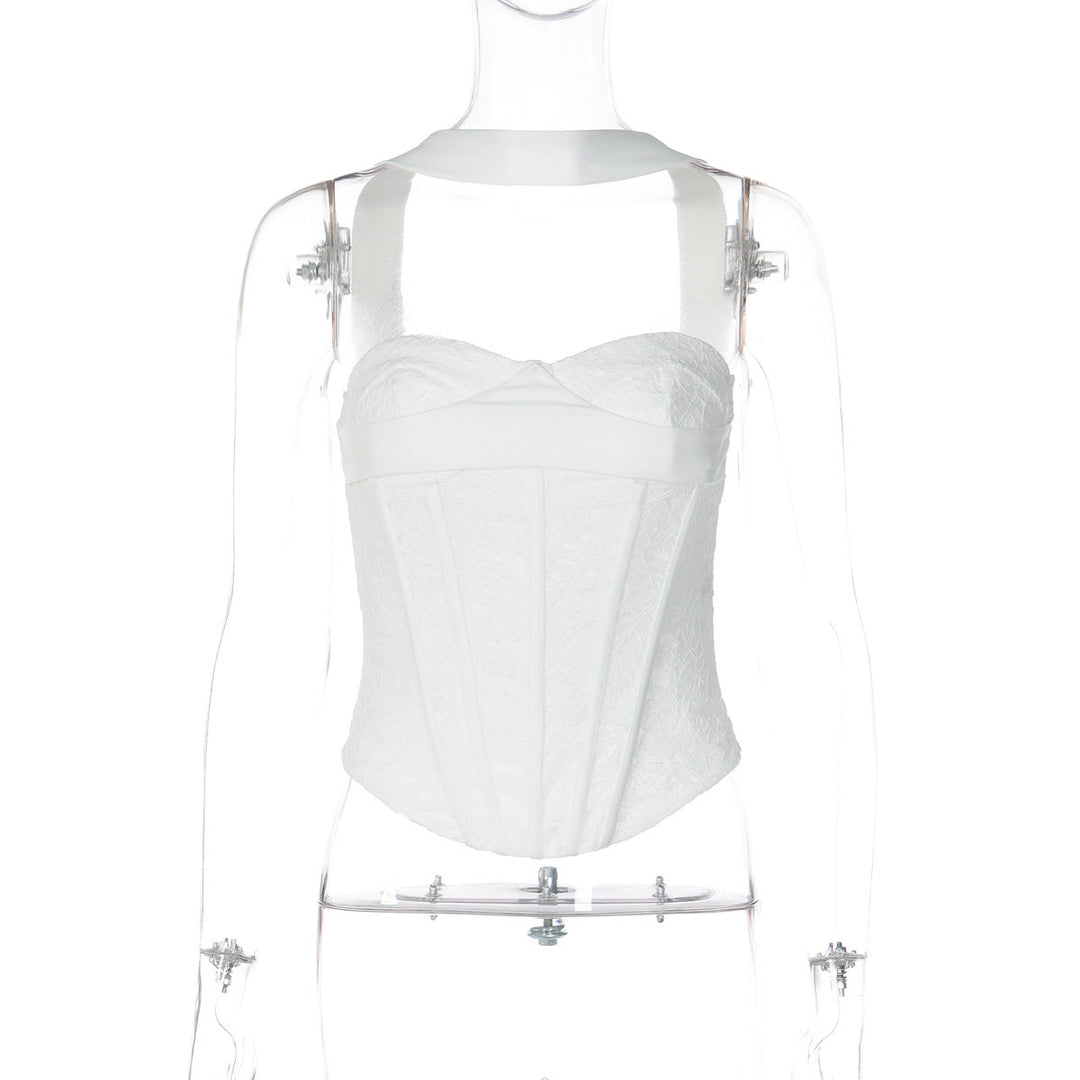 Halter lace corset zip-up backless solid top  | Festival Outfits Women