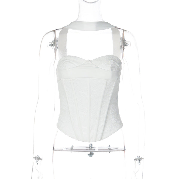 Halter lace corset zip-up backless solid top  | Festival Outfits Women