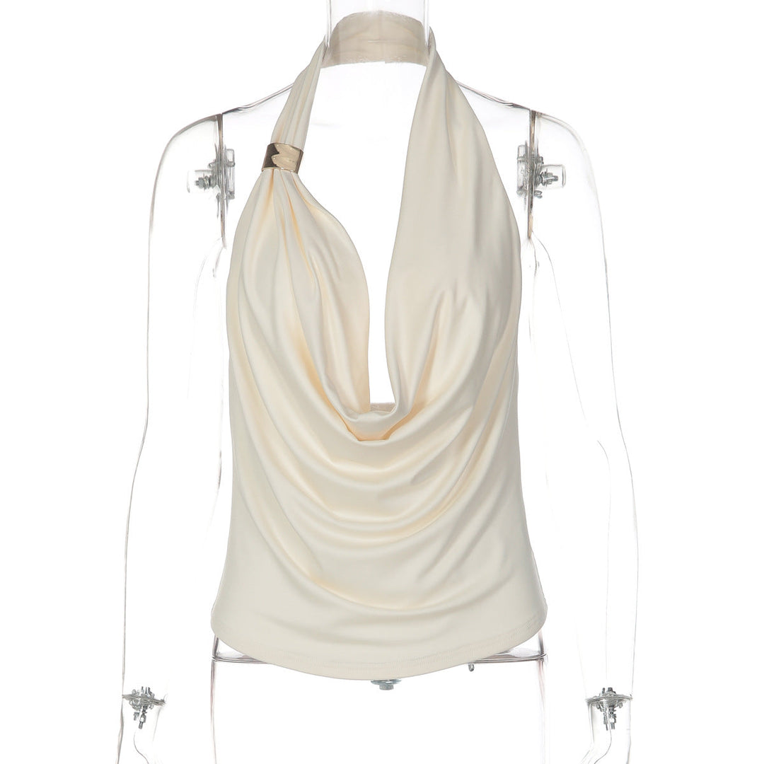 Cowl neck halter irregular solid backless top  | Festival Outfits Women