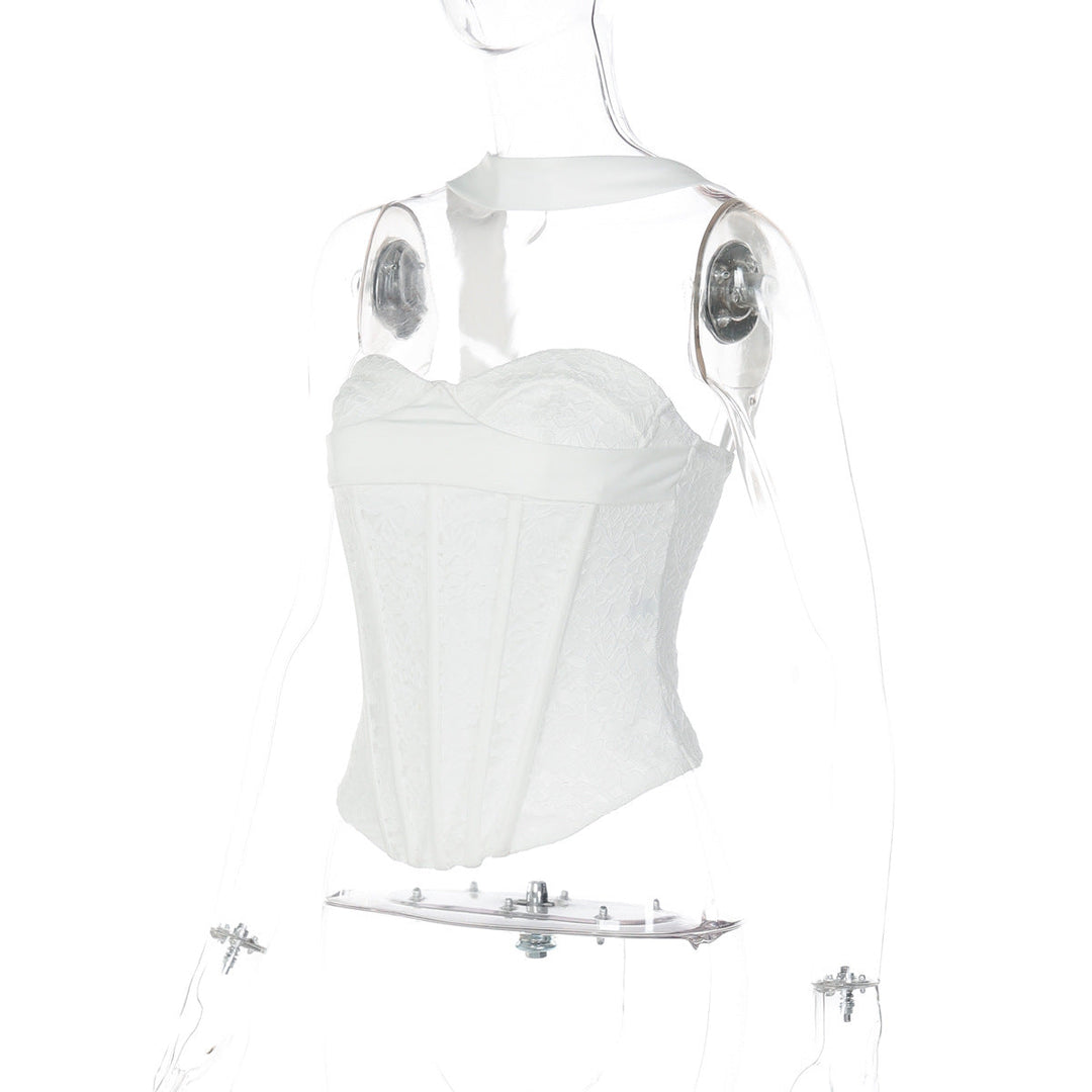 Halter lace corset zip-up backless solid top  | Festival Outfits Women