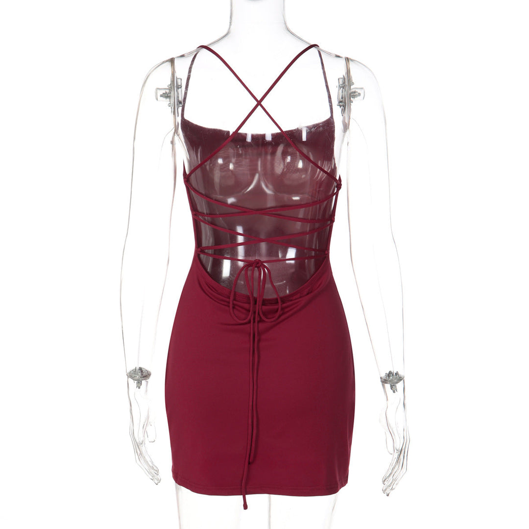 Cross back self tie water droplet applique mini dress