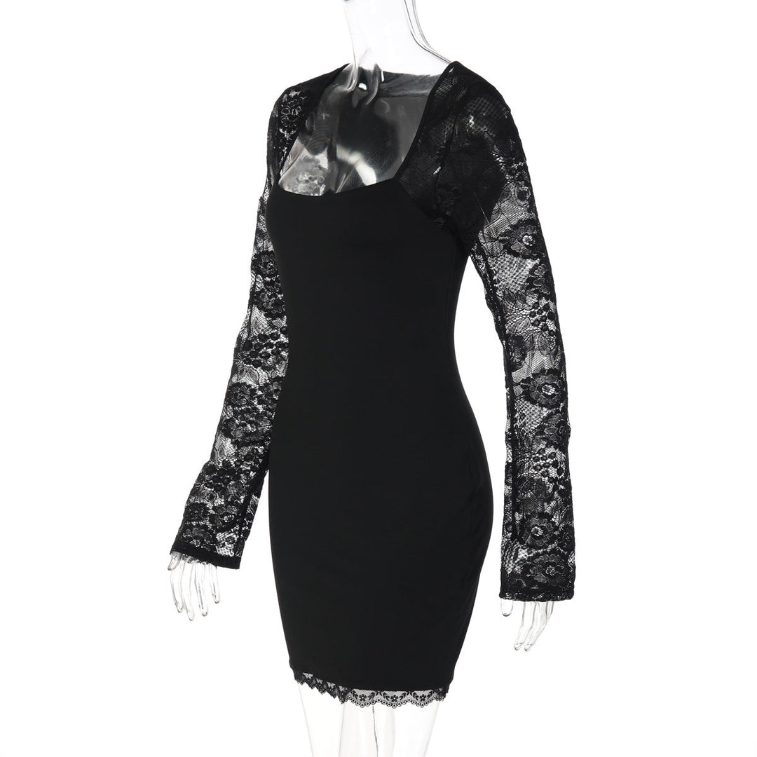 Lace long sleeve square neck solid mini dress