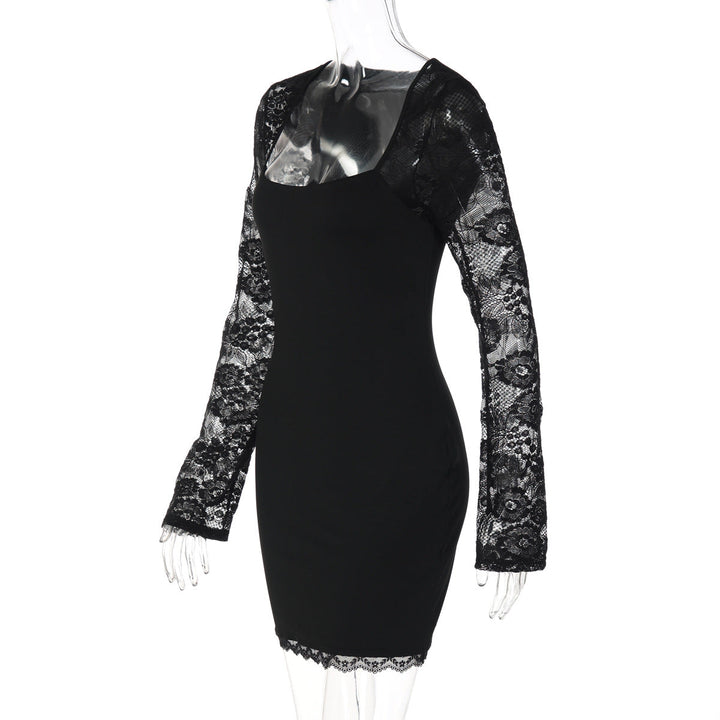 Lace long sleeve square neck solid mini dress