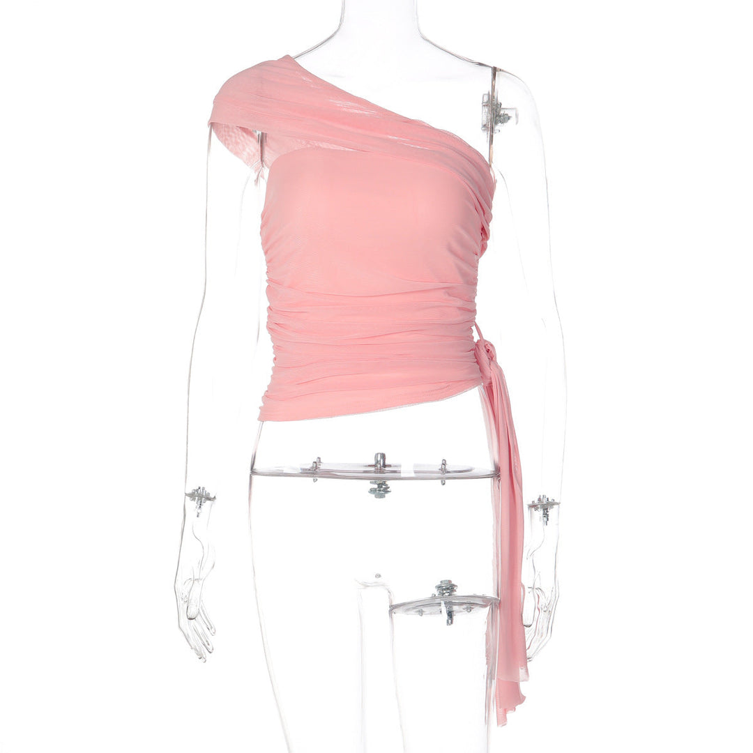 Ruched one shoulder irregular mesh solid top