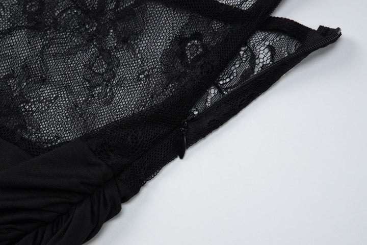 Off shoulder lace zip-up ruched solid maxi dress