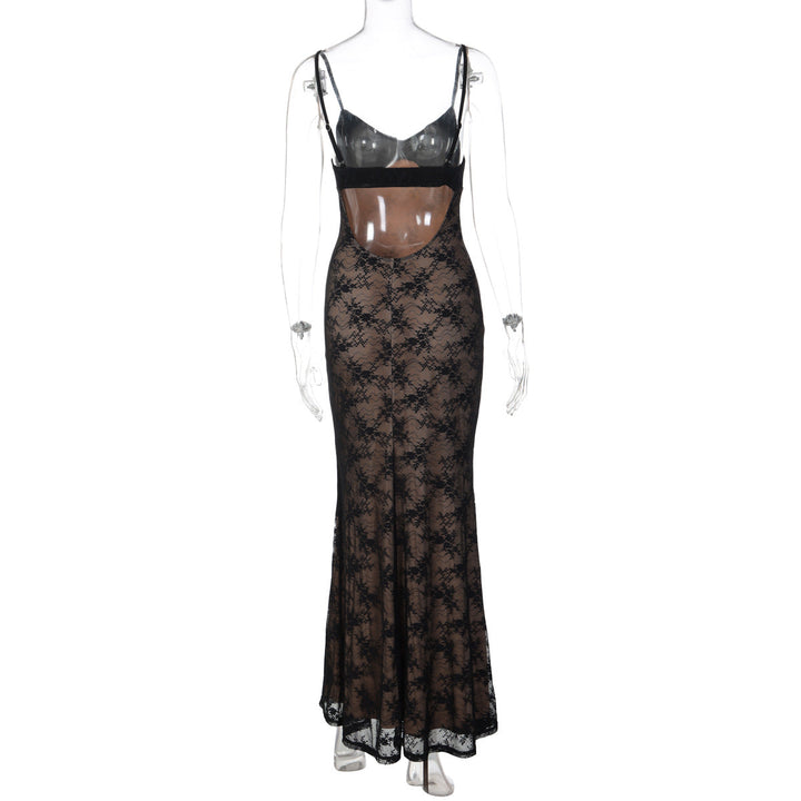 V neck lace backless cami maxi dress