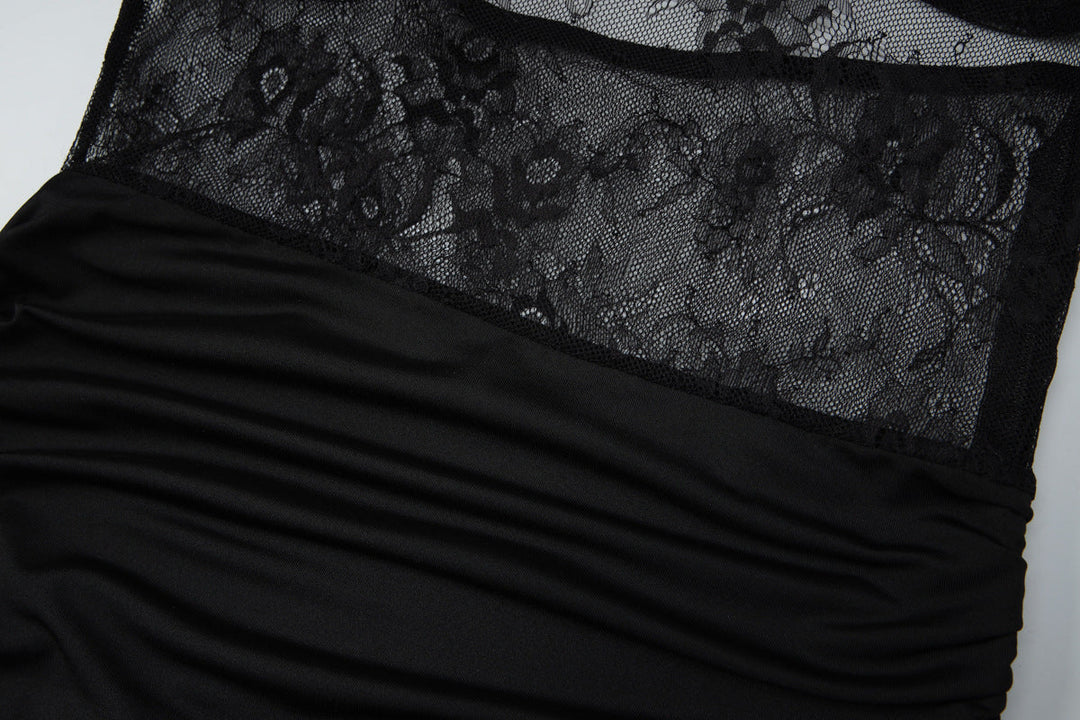 Off shoulder lace zip-up ruched solid maxi dress