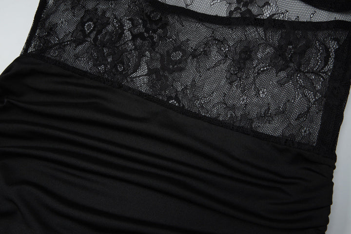 Off shoulder lace zip-up ruched solid maxi dress