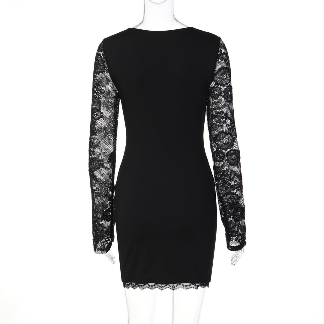 Lace long sleeve square neck solid mini dress