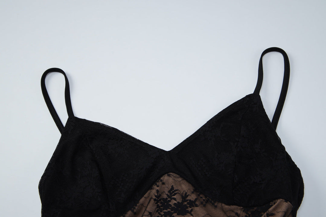 V neck lace backless cami maxi dress