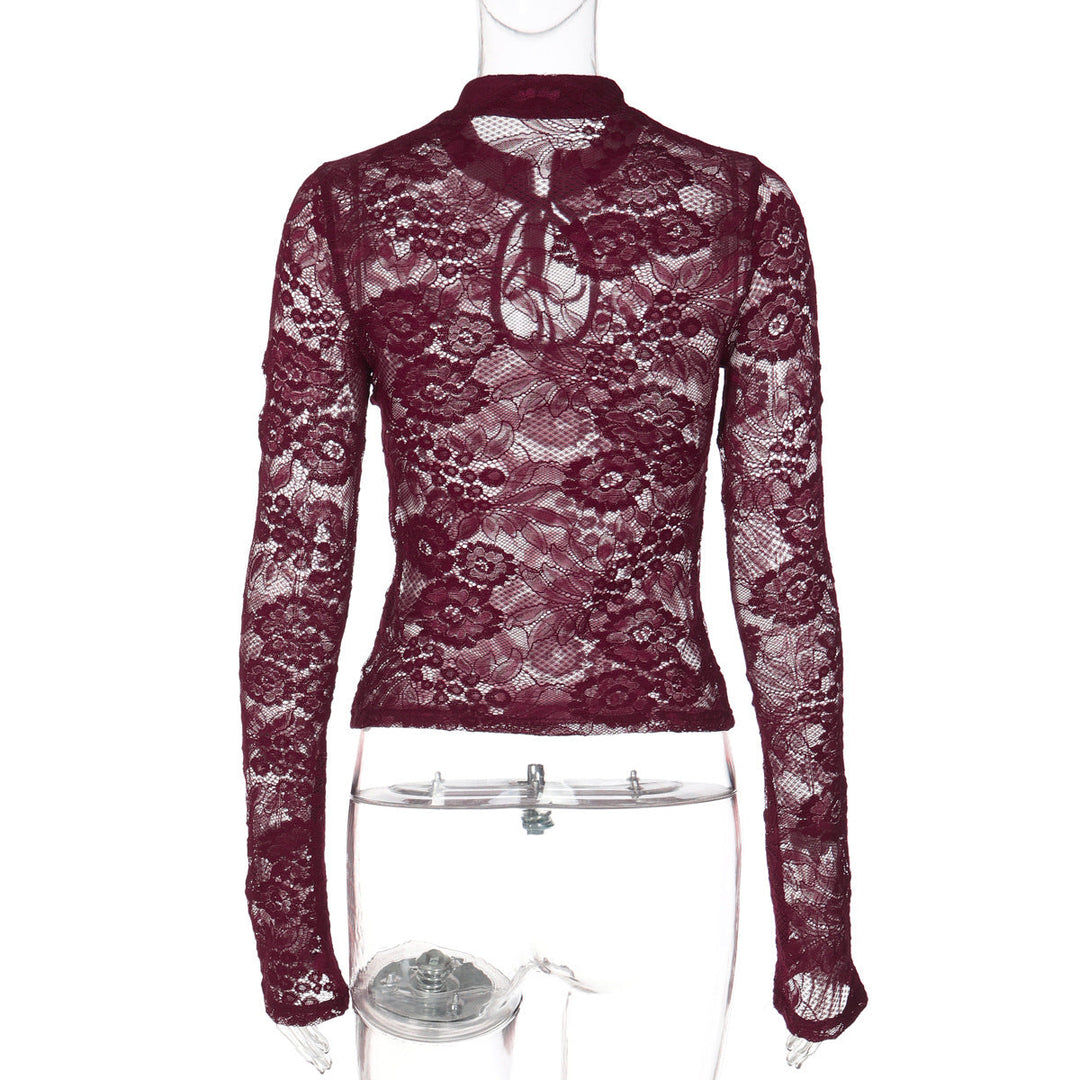 Long sleeve lace hollow out self tie see through top