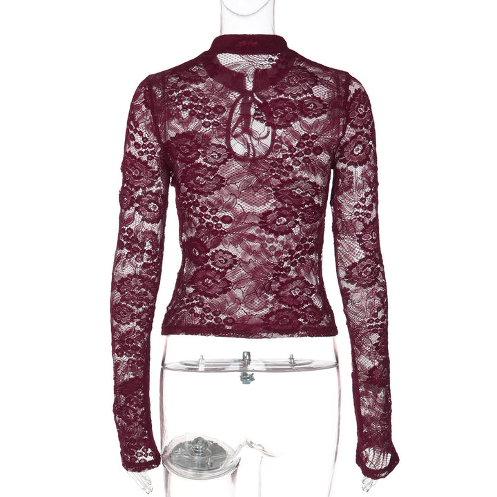 Long sleeve lace hollow out self tie see through top
