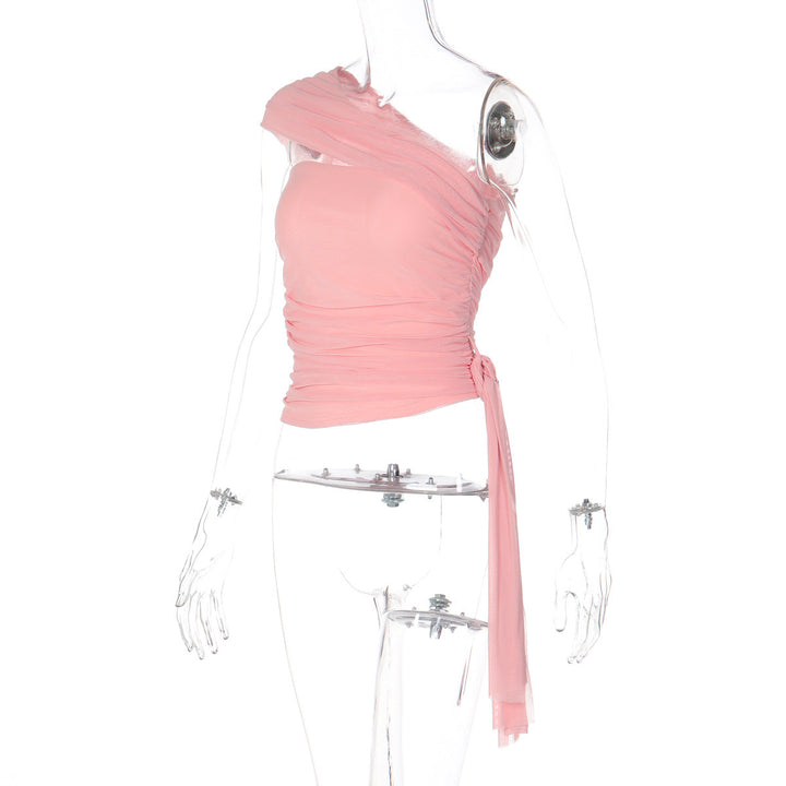 Ruched one shoulder irregular mesh solid top