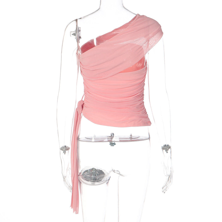 Ruched one shoulder irregular mesh solid top