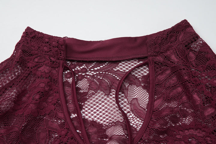 Long sleeve lace hollow out self tie see through top