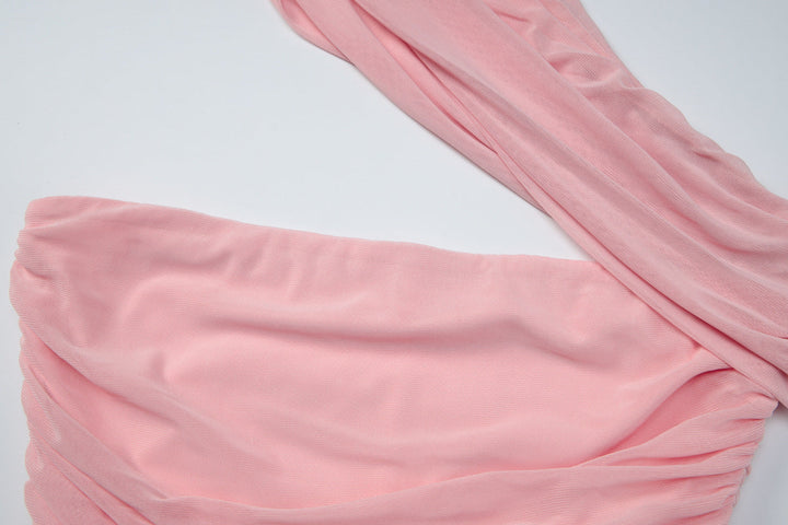 Ruched one shoulder irregular mesh solid top