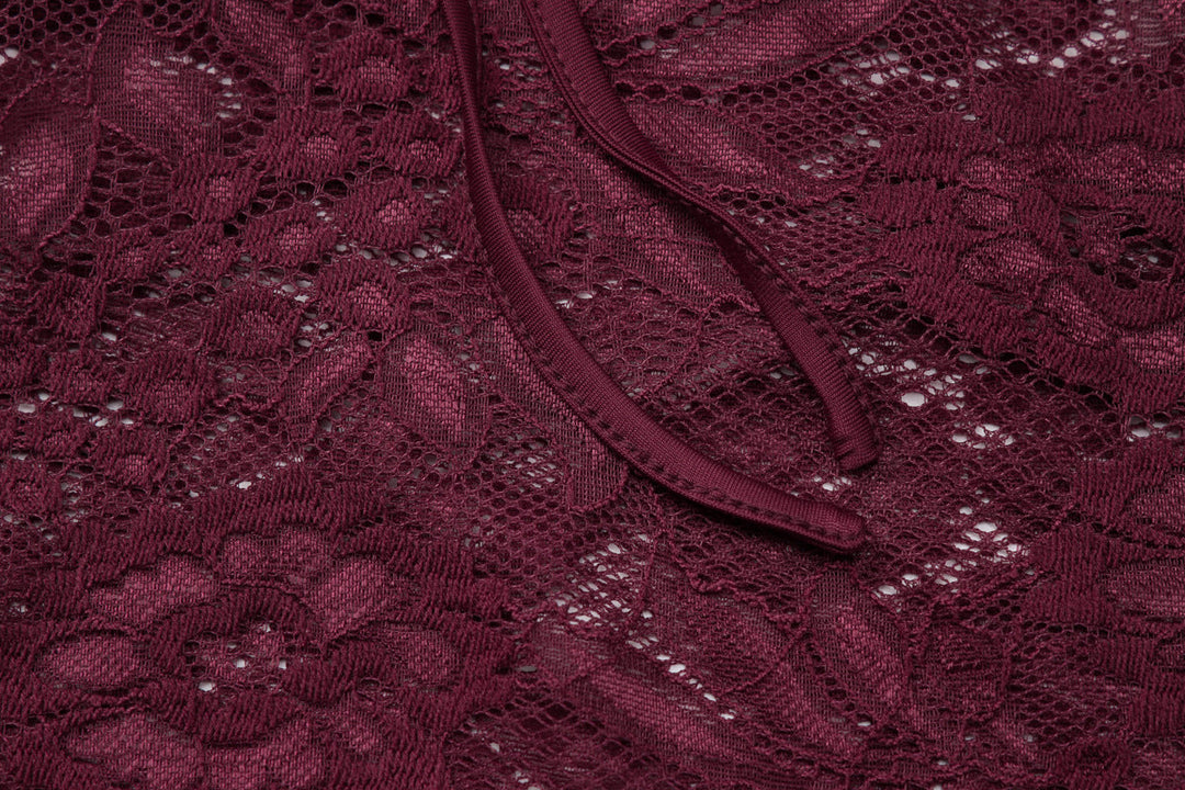 Long sleeve lace hollow out self tie see through top