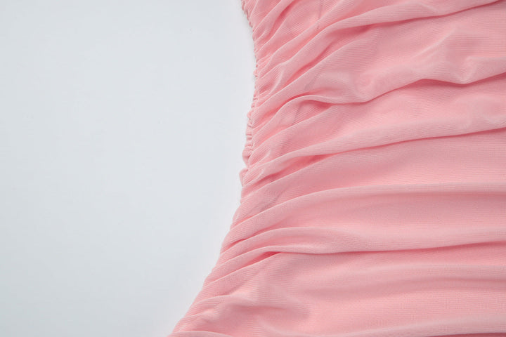 Ruched one shoulder irregular mesh solid top