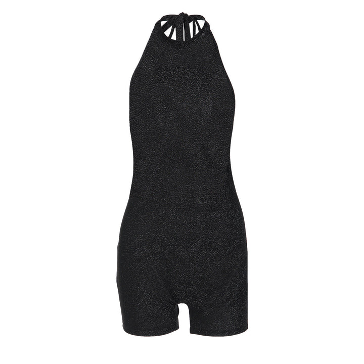 Halter self tie backless crewneck solid romper