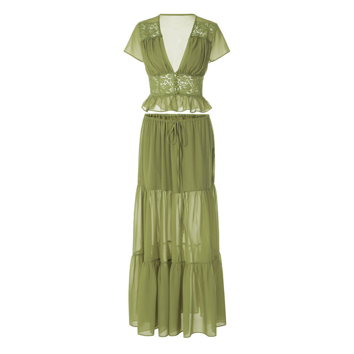 Short sleeve v neck ruched lace chiffon maxi skirt set  | Festival Outfits Women