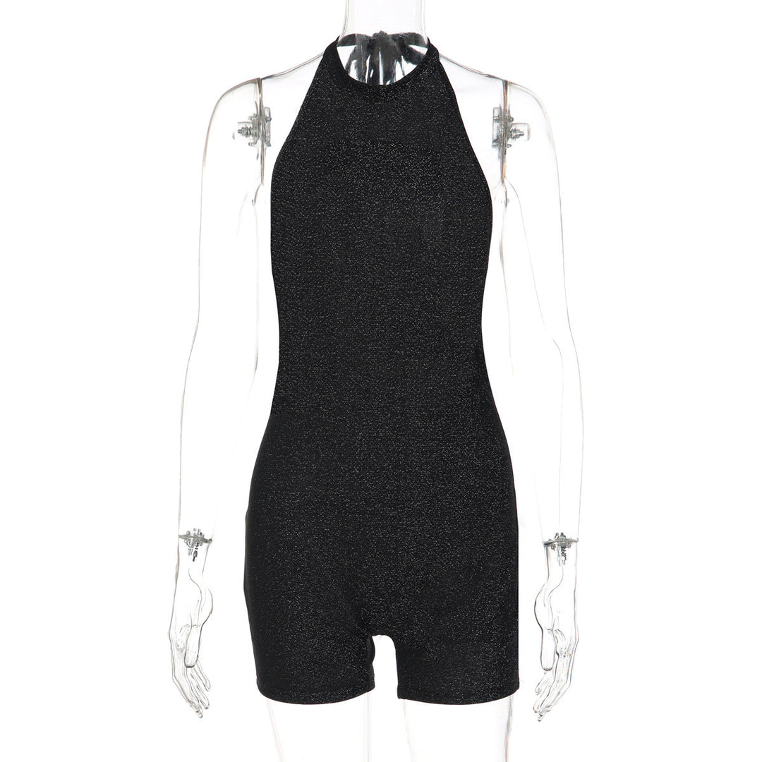 Halter self tie backless crewneck solid romper