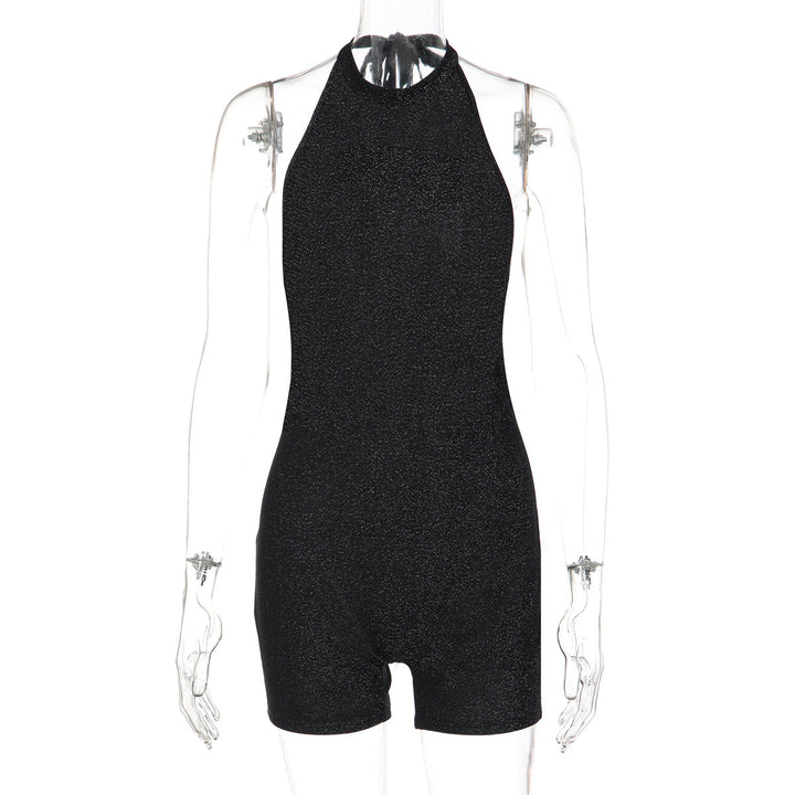 Halter self tie backless crewneck solid romper