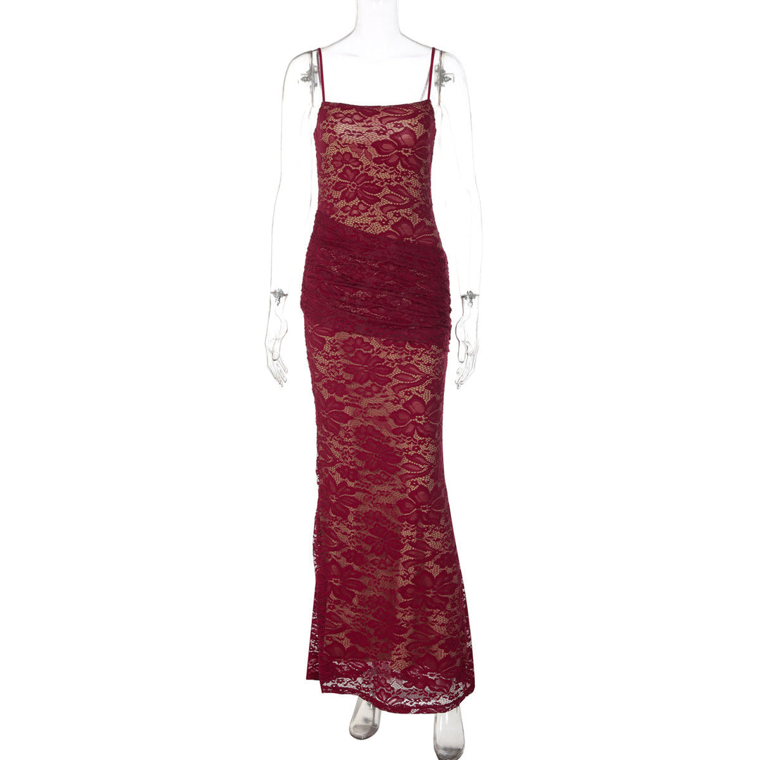 Square neck lace backless cami maxi dress